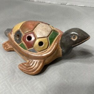 Ocarina Folk Art Whistle Flute Colorful Turtle Figurine Handmade Pottery Signed